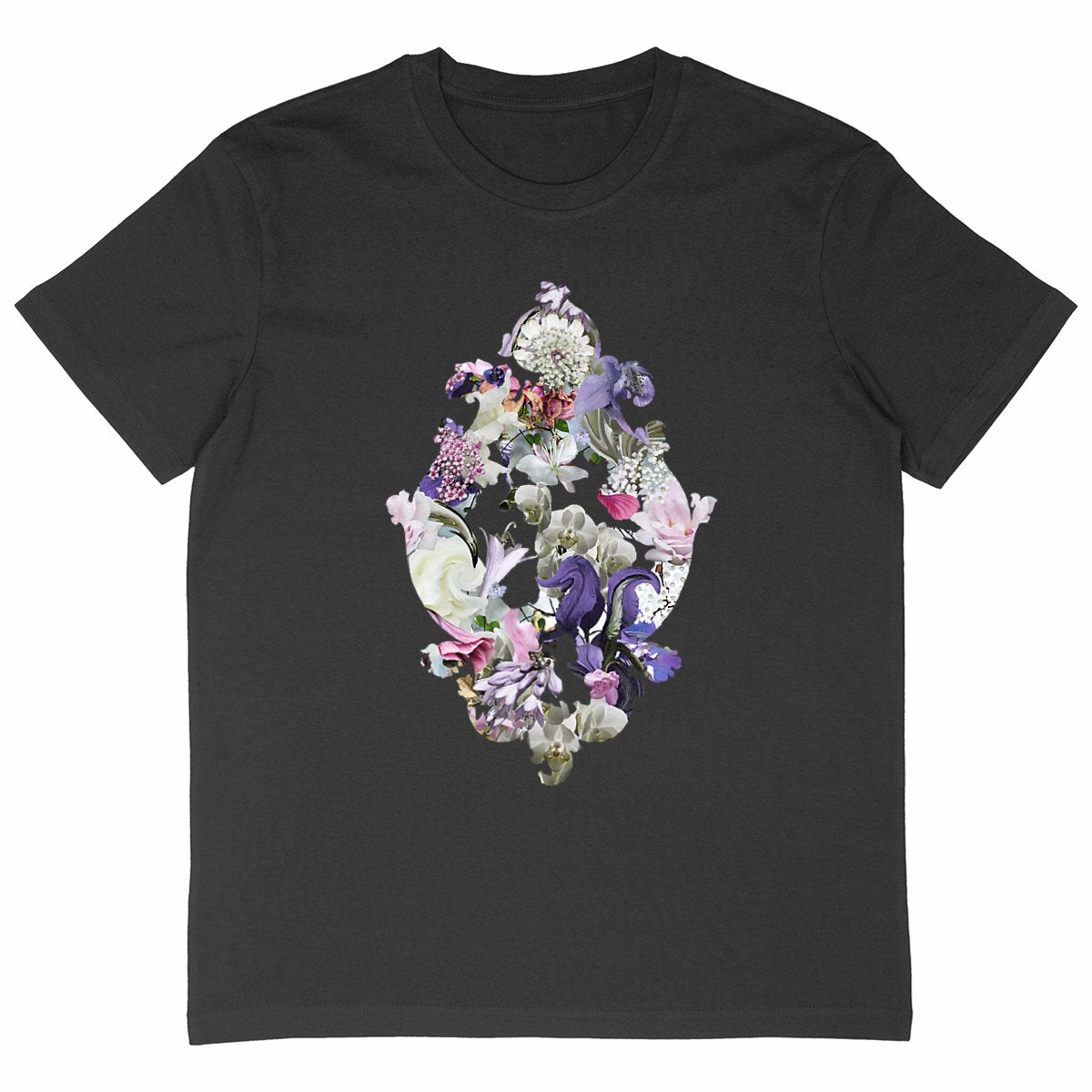 A black Baroque Swirl Oversized eco t-shirt with a baroque ornament of flowers printed on