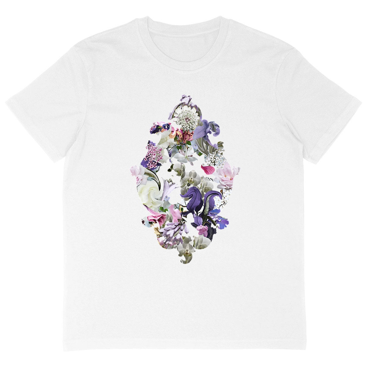 A white Baroque Swirl Oversized eco t-shirt with a baroque ornament of flowers printed on