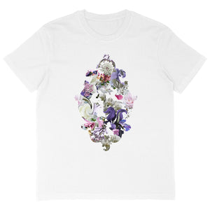 A white Baroque Swirl Oversized eco t-shirt with a baroque ornament of flowers printed on