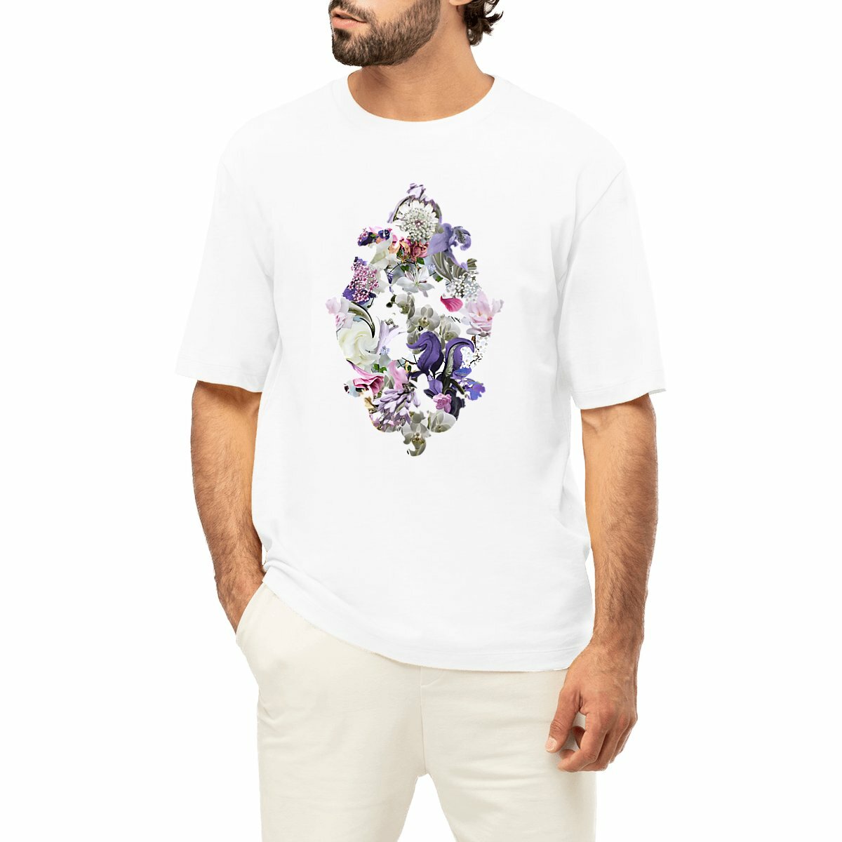 White oversized t-shirt on a man with a baroque swirl flourishing ornament decor with flowers
