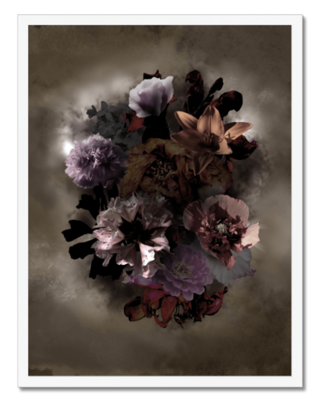 Bloomzt Dark Matter - Inramad konsttryck med dramatiskt blommotiv i stort format med vit ram.