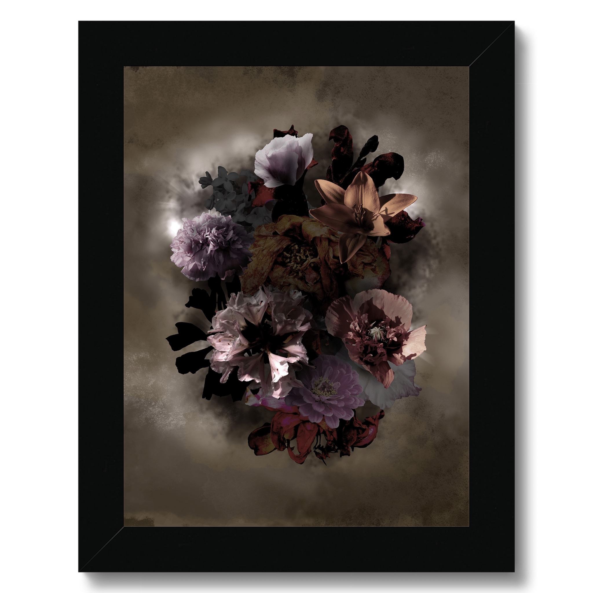 Bloomzt Dark Matter - Inramad konsttryck med dramatiskt blommotiv ilitet format med svart ram.