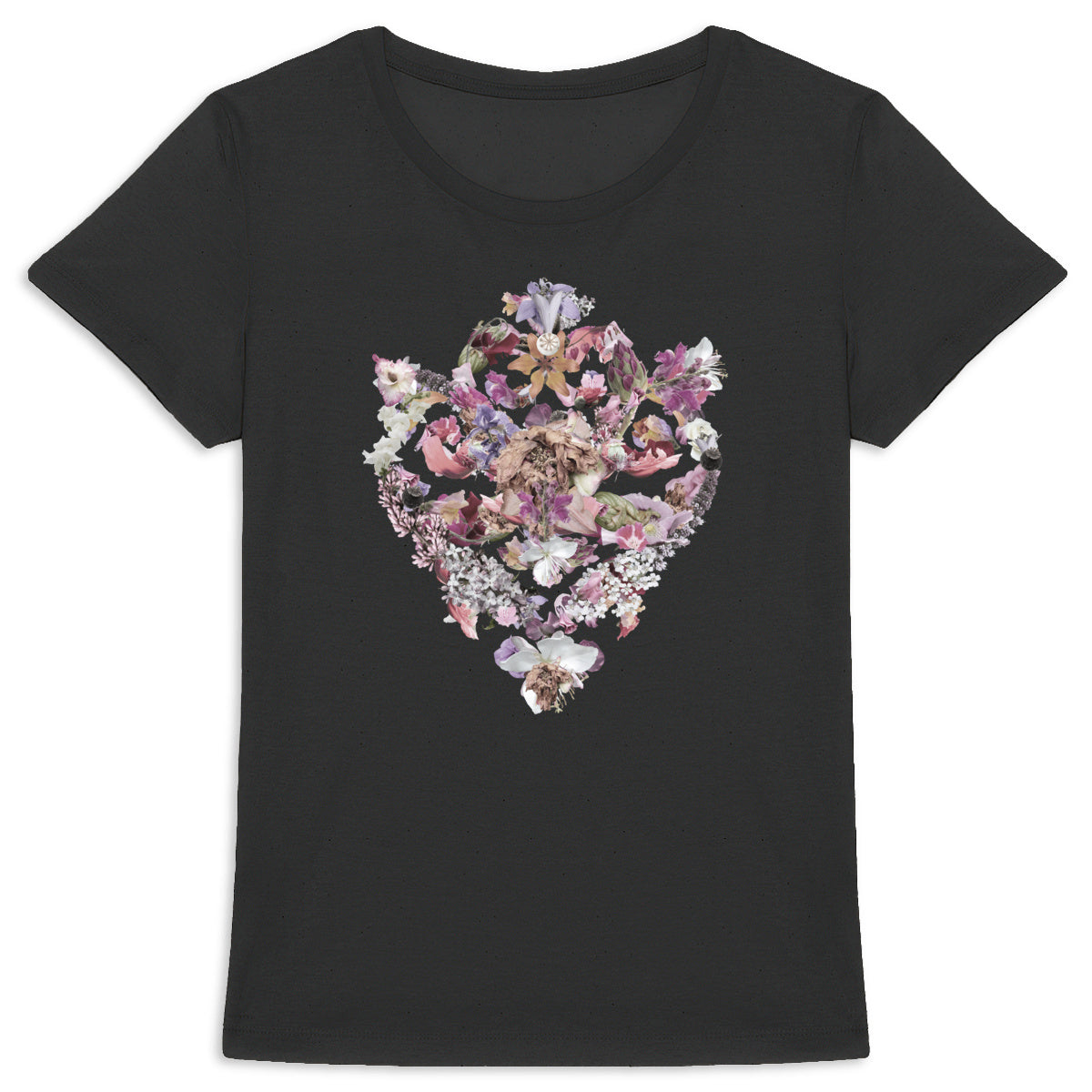 Baroque Bouqet - Sort modell av ekologisk t-shirt med barock blommotiv för dam