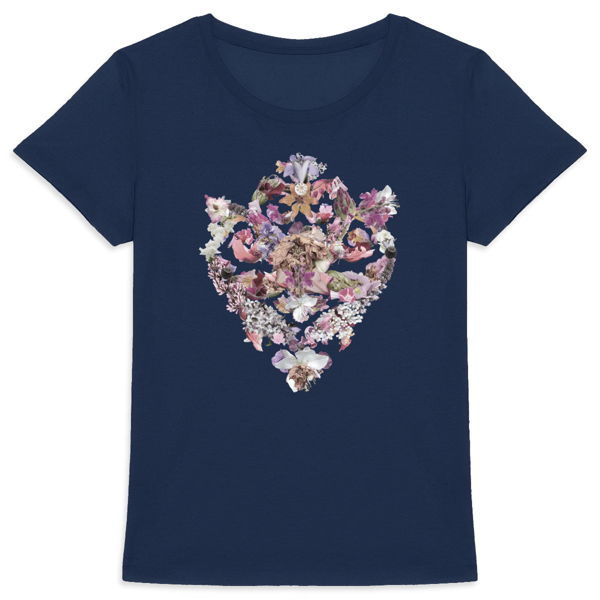 Baroque Bouqet - Marinblå modell av ekologisk t-shirt med barock blommotiv för dam