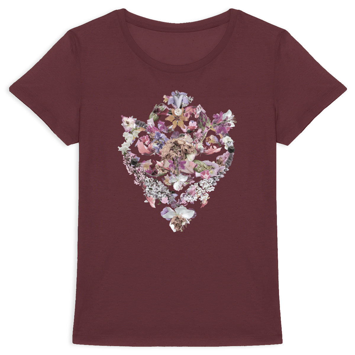 Baroque Bouqet - Burgund modell av ekologisk t-shirt med barock blommotiv för dam