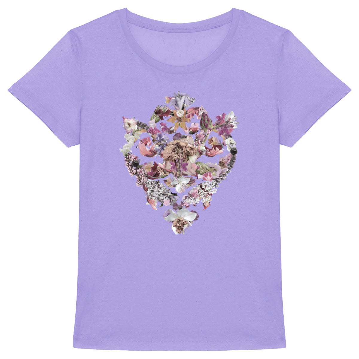 Baroque Bouqet - Lavenderblå modell av ekologisk t-shirt med barock blommotiv för dam