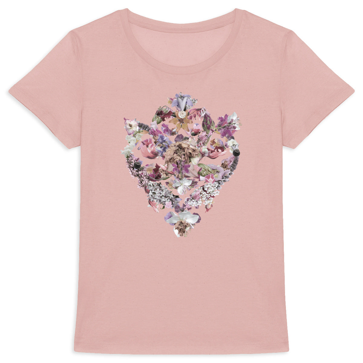 Baroque Bouqet - Grårosa modell av ekologisk t-shirt med barock blommotiv för dam