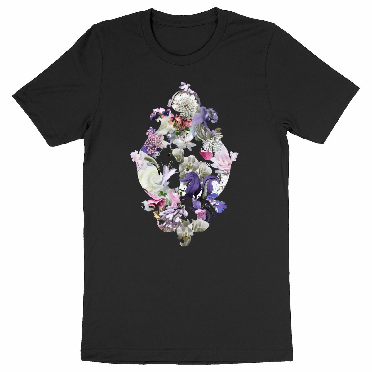 Baroque Swirl - Svart ekologisk t-shirt med barock blommotiv