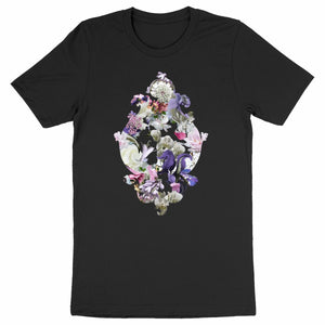 Baroque Swirl - Svart ekologisk t-shirt med barock blommotiv