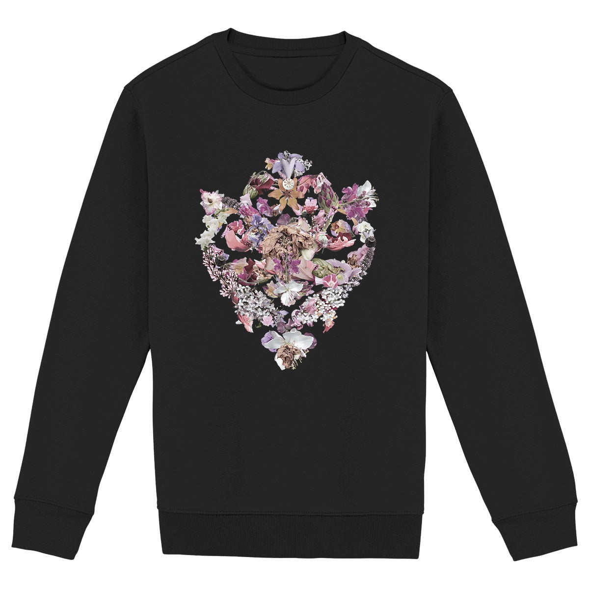 Baroque Bouquet - Ekologisk svart unisex sweatshirt med rund hals och ornament med barock blommotiv.