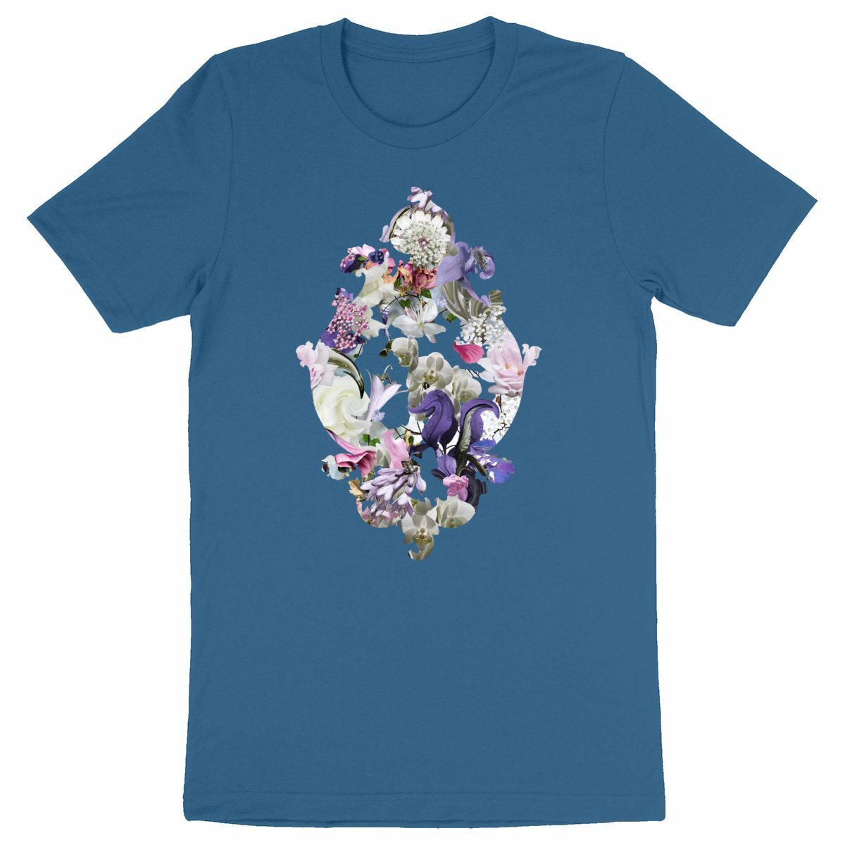 Baroque Swirl - Blå ekologisk t-shirt med barock blommotiv