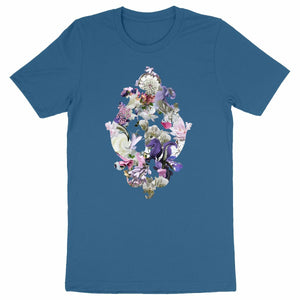 Baroque Swirl - Blå ekologisk t-shirt med barock blommotiv