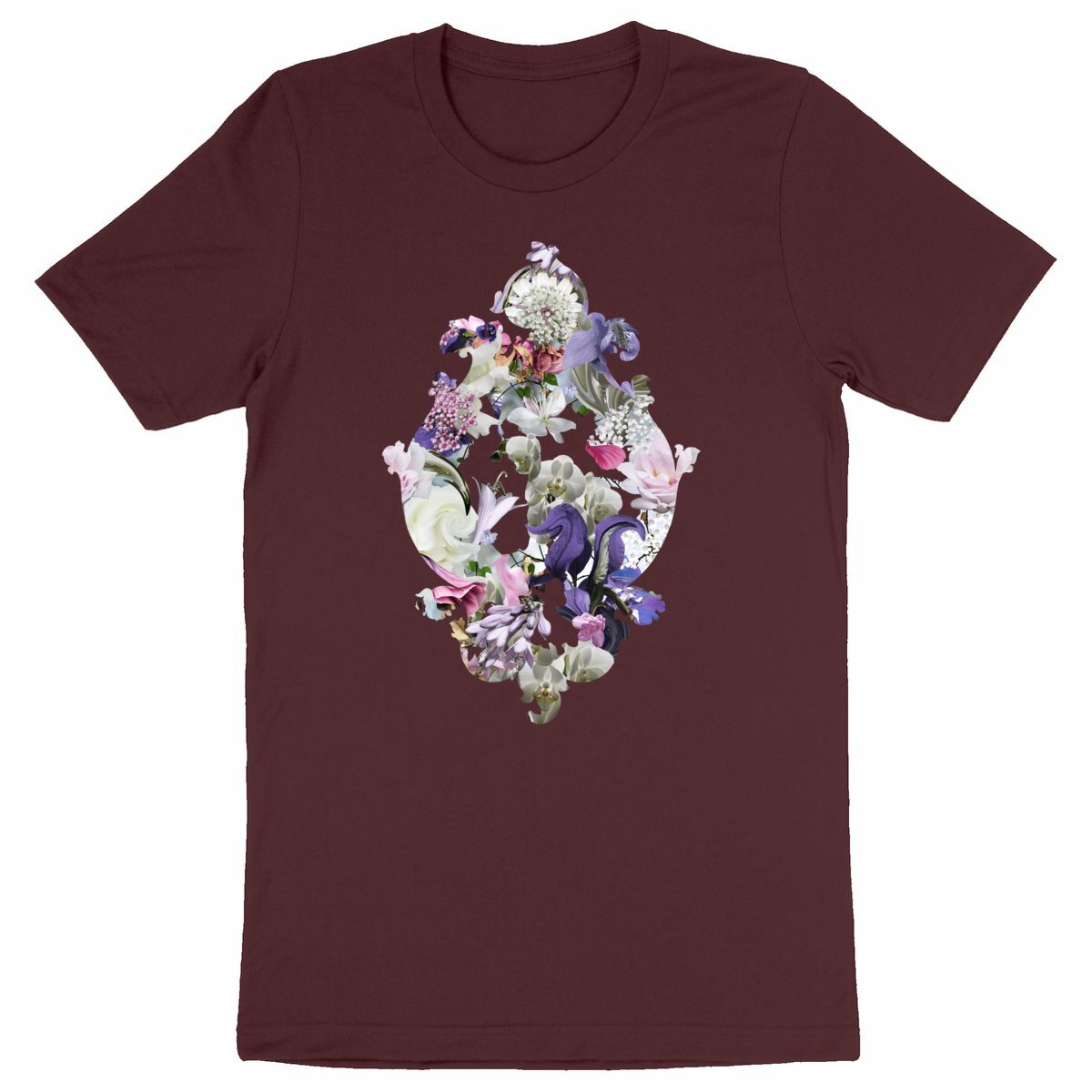 Baroque Swirl - Vinröd ekologisk t-shirt med barock blommotiv