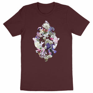 Baroque Swirl - Vinröd ekologisk t-shirt med barock blommotiv