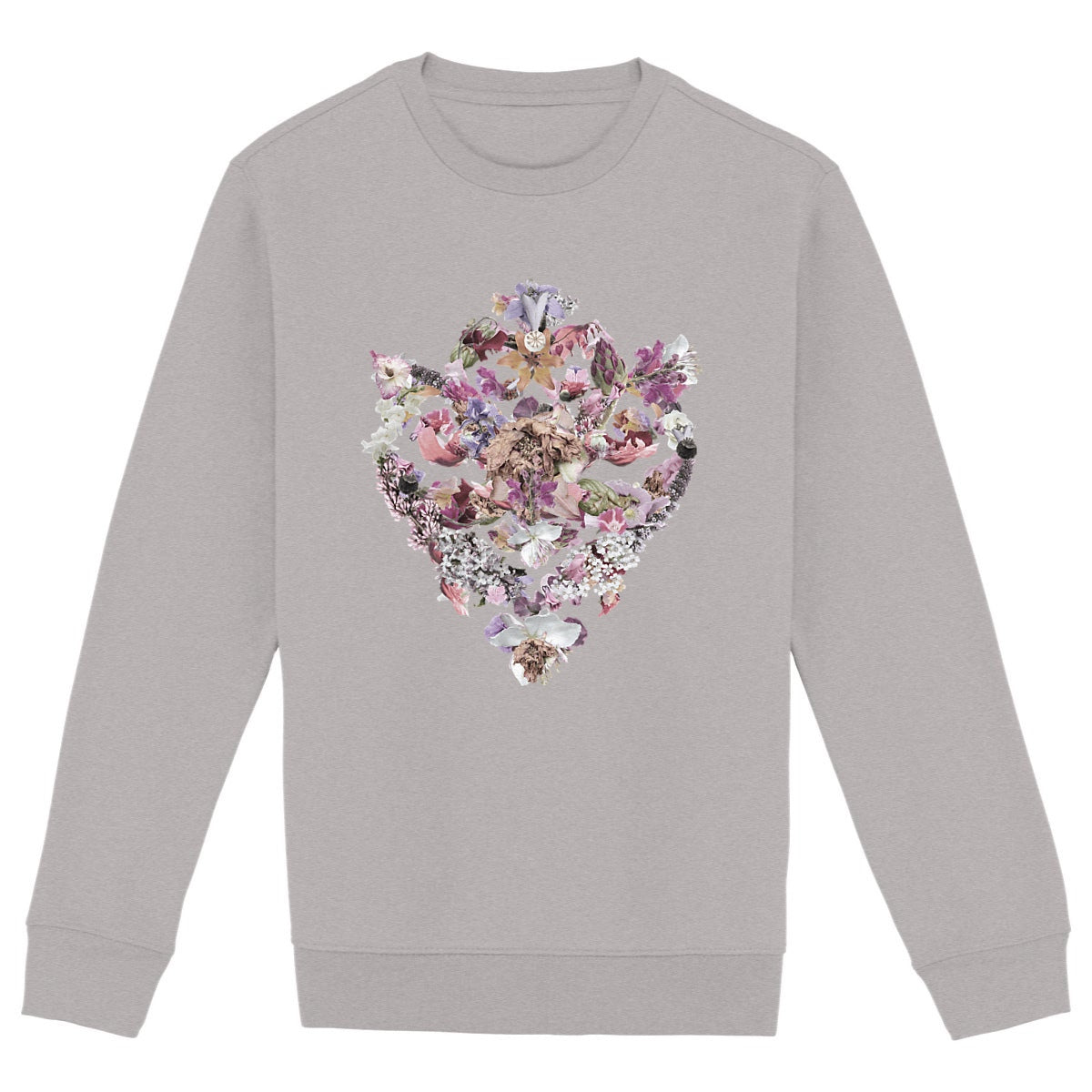 Baroque Bouquet - Ekologisk grå unisex sweatshirt med rund hals och ornament med barock blommotiv.