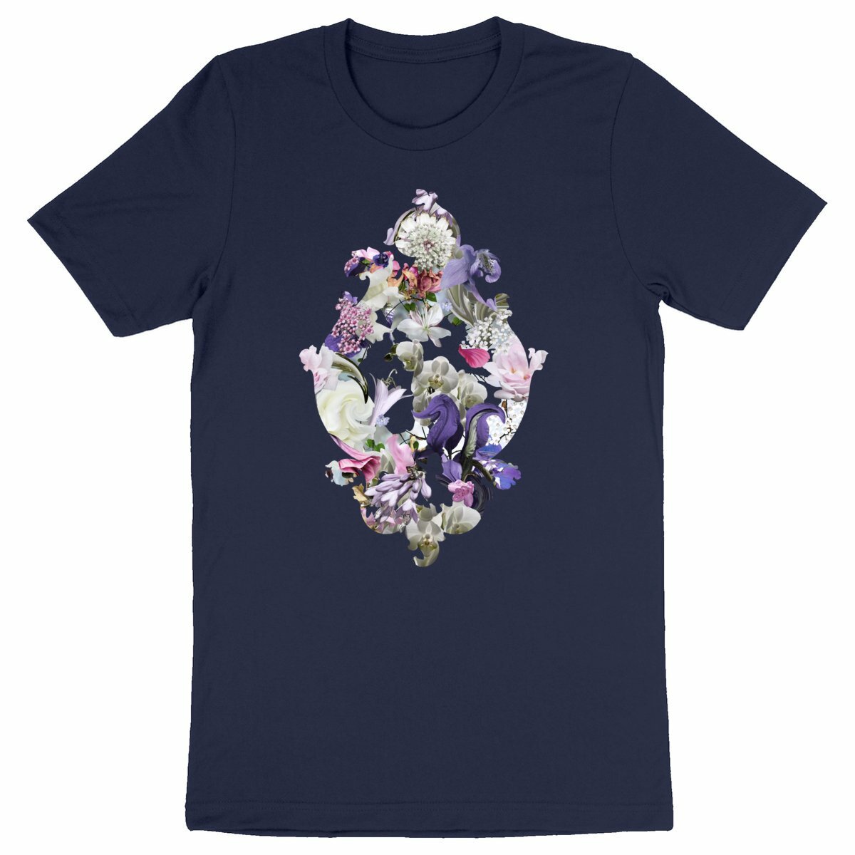 Baroque Swirl - Marinblå 
ekologisk t-shirt med barock blommotiv