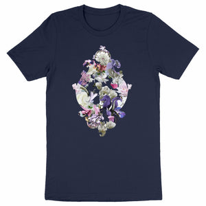 Baroque Swirl - Marinblå 
ekologisk t-shirt med barock blommotiv