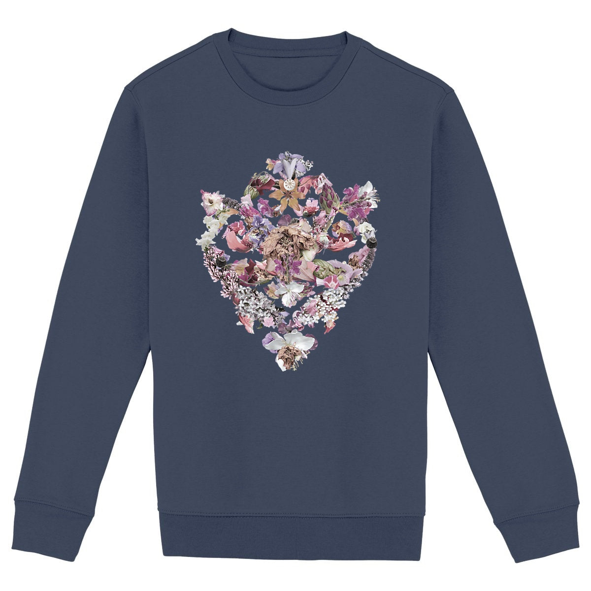 Baroque Bouquet - Ekologisk marinblå unisex sweatshirt med rund hals och ornament med barock blommotiv.