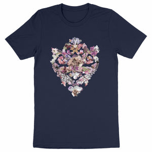 Baroque Bouquet - marinblå ekologisk t-shirt med barock blommotiv